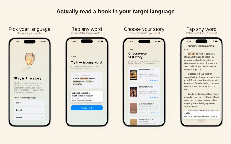 Four iPhone screens from Inkdrift: choosing between Chinese, Spanish and German; the word "caballero" tapped to reveal "knight; gentleman; horseman" in context; a shelf of starter books; and a page of Spanish prose with "pueblo" defined along the bottom.