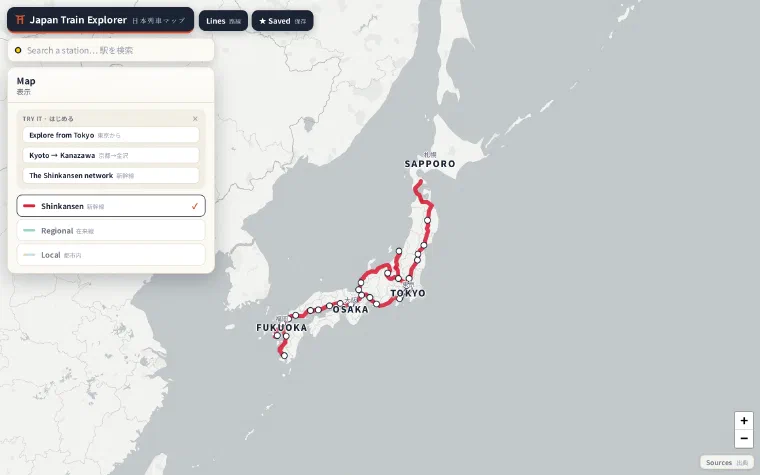 The Japan Train Explorer map with the Shinkansen network drawn in red from Fukuoka through Osaka and Tokyo up to Sapporo, station dots strung along it, and a panel offering starting points such as "Explore from Tokyo" and "Kyoto → Kanazawa".