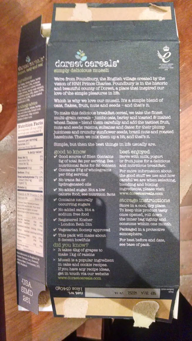 The back of a Dorset Cereals muesli box. Among the bullet points: “No added sugar. Not a low calorie food, see nutrition facts.”
