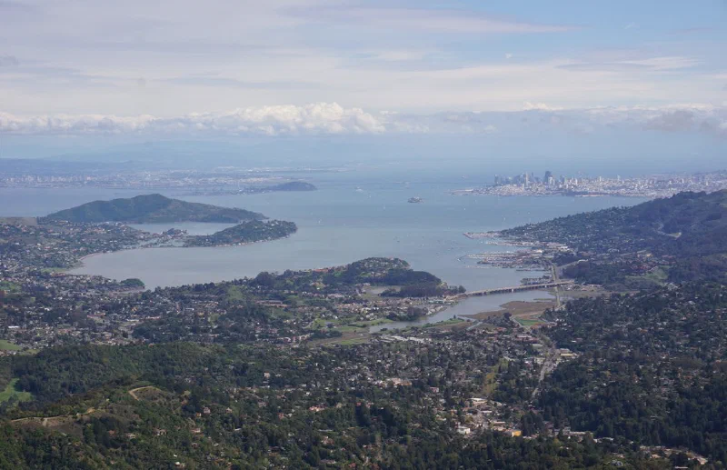 The view from Mount Tamalpais: Richardson Bay and Sausalito below, with the San Francisco skyline across the water.