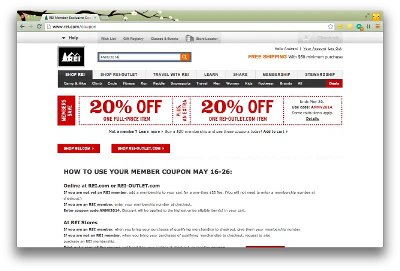 The REI website with the coupon code ANNV2014 typed into the site search box, above a page explaining how to use the 20%-off member coupon.