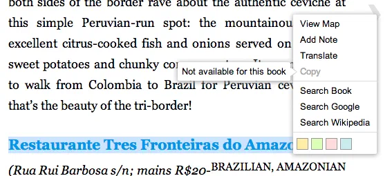 A Google Books page with the right-click menu open. “Copy” is greyed out, and a tooltip reads “Not available for this book.”