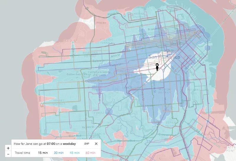 A transit travel-time map of San Francisco from a central starting point at 7am on a weekday, shaded in 15, 30, 45 and 60 minute bands. Almost the whole city falls within 45 minutes.