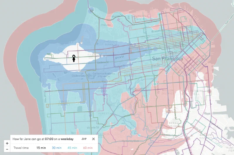 The same map from a starting point in the northwest of the city. The Mission, Potrero Hill and Bayview now sit in the 60-minute band.